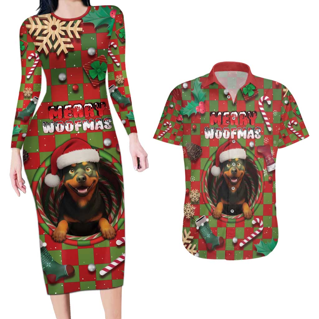Rottweiler Christmas Couples Matching Long Sleeve Bodycon Dress and Hawaiian Shirt Merry Woofmas - Wonder Print Shop