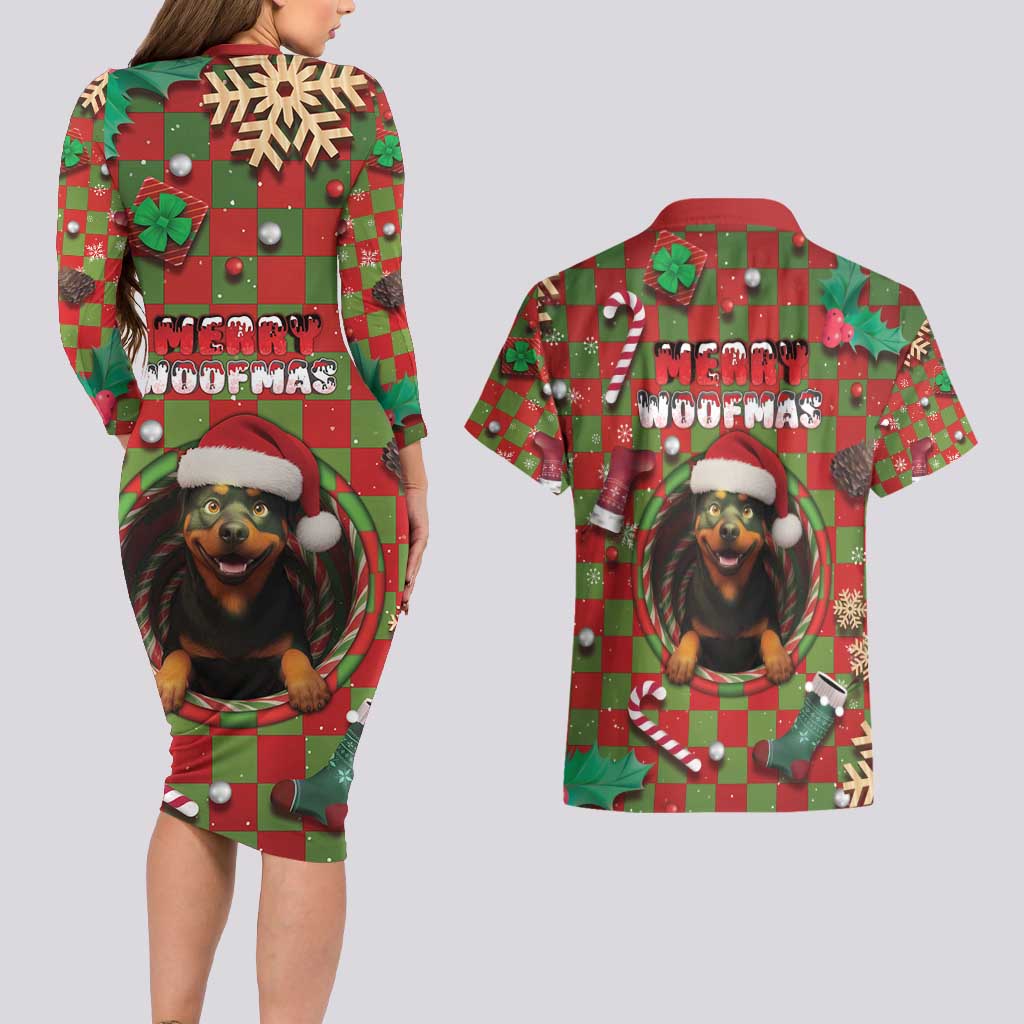 Rottweiler Christmas Couples Matching Long Sleeve Bodycon Dress and Hawaiian Shirt Merry Woofmas - Wonder Print Shop