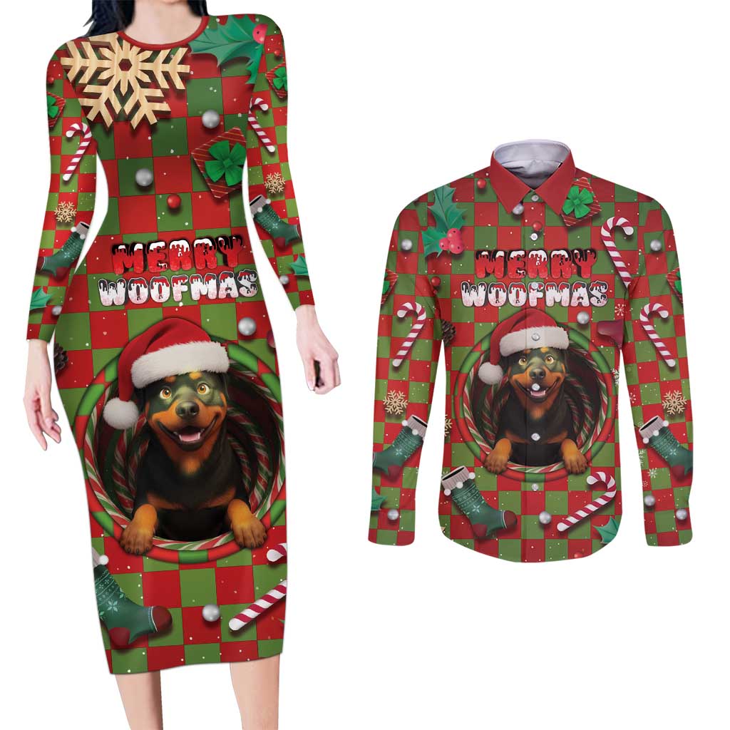 Rottweiler Christmas Couples Matching Long Sleeve Bodycon Dress and Long Sleeve Button Shirt Merry Woofmas - Wonder Print Shop