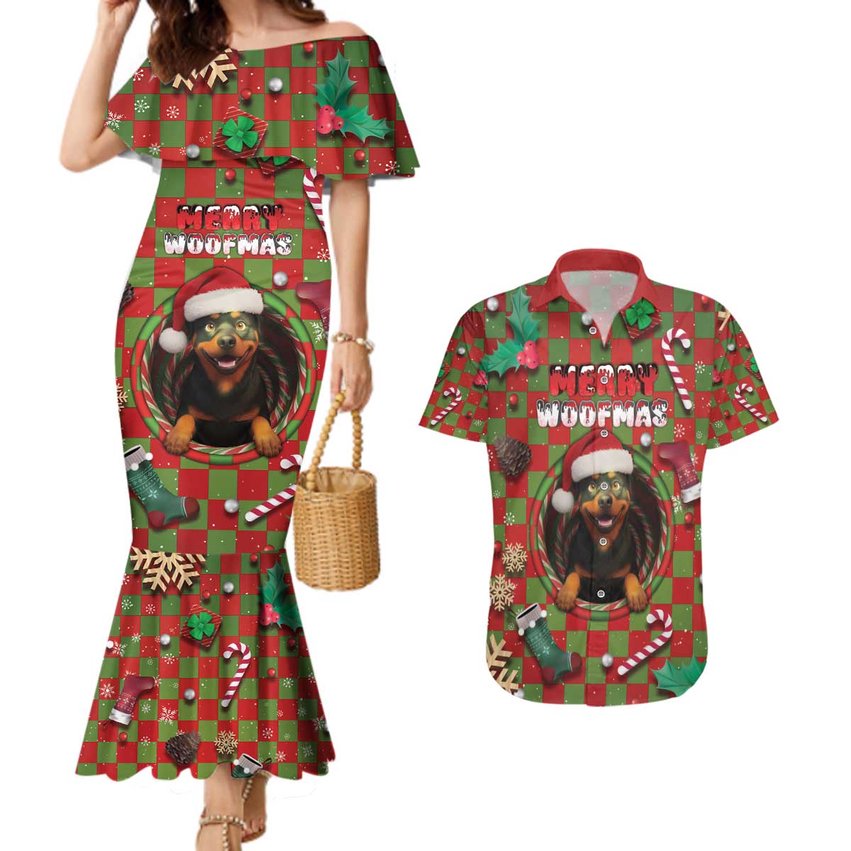 Rottweiler Christmas Couples Matching Mermaid Dress and Hawaiian Shirt Merry Woofmas - Wonder Print Shop