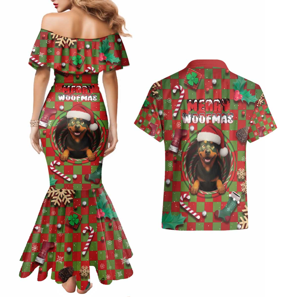 Rottweiler Christmas Couples Matching Mermaid Dress and Hawaiian Shirt Merry Woofmas - Wonder Print Shop