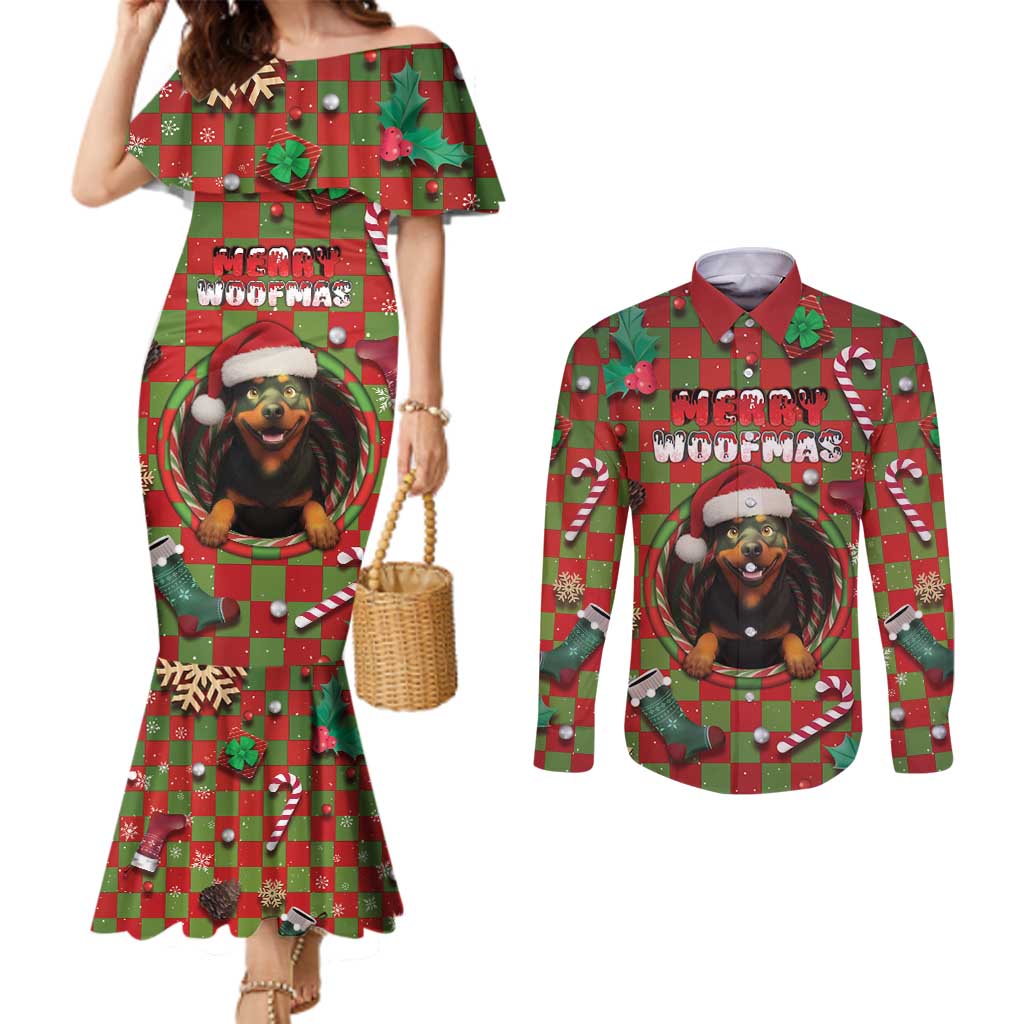 Rottweiler Christmas Couples Matching Mermaid Dress and Long Sleeve Button Shirt Merry Woofmas - Wonder Print Shop