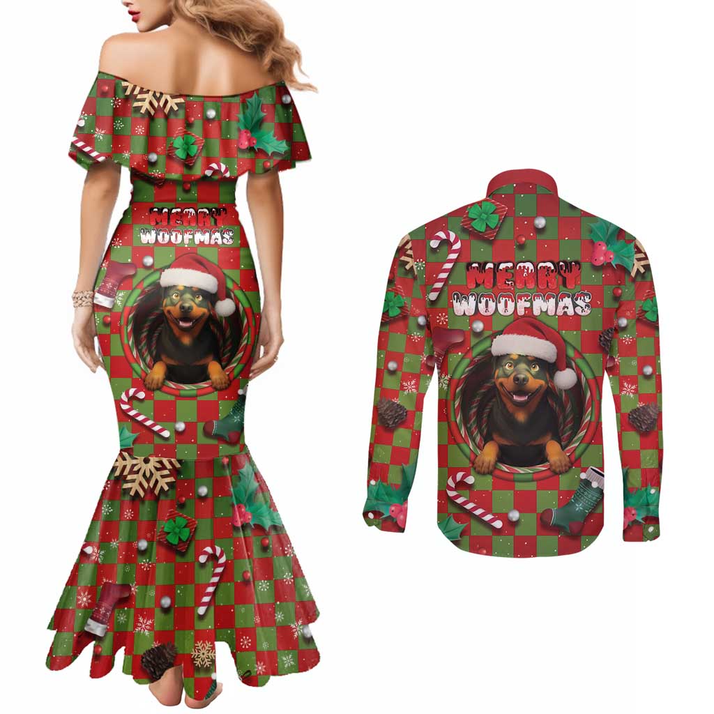 Rottweiler Christmas Couples Matching Mermaid Dress and Long Sleeve Button Shirt Merry Woofmas - Wonder Print Shop