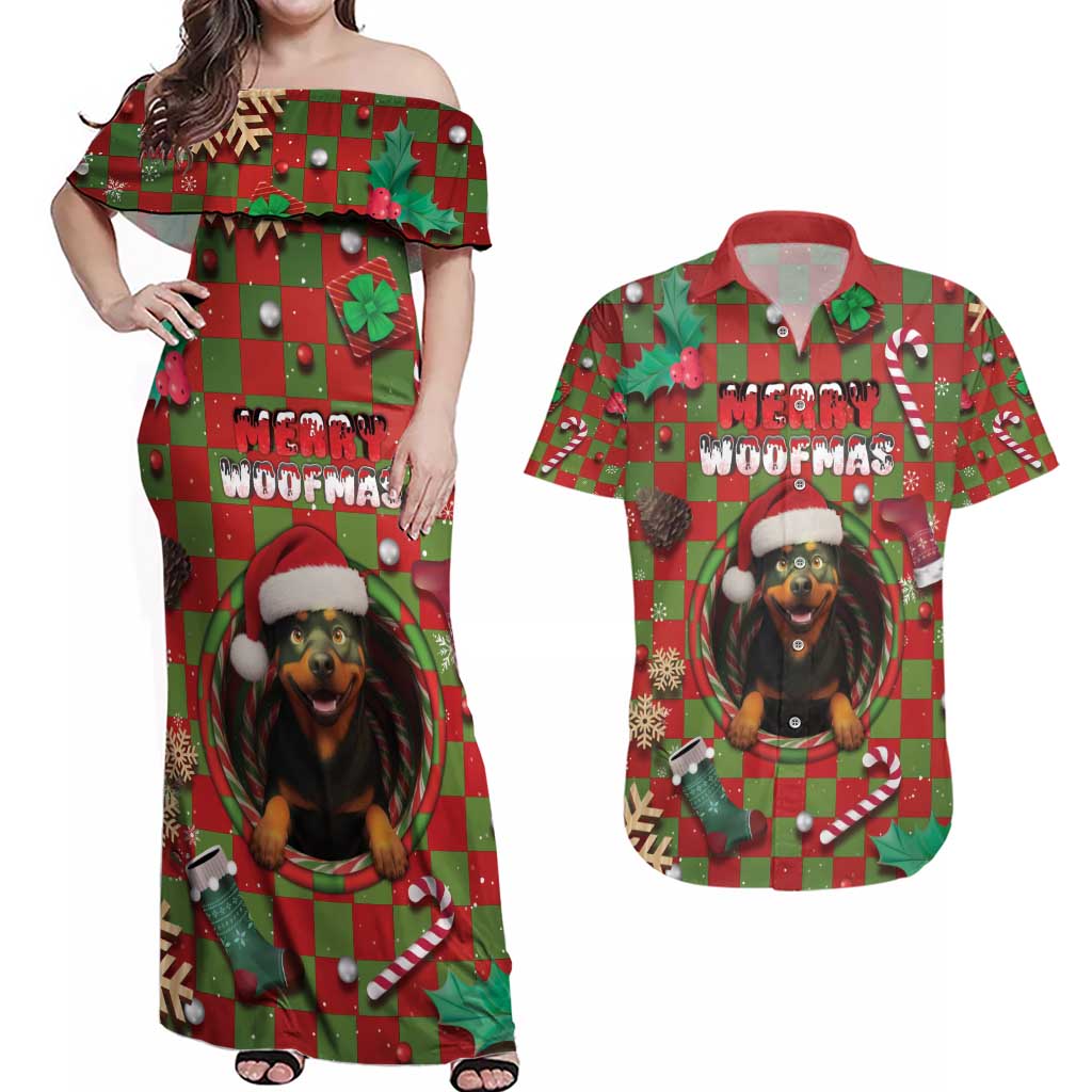 Rottweiler Christmas Couples Matching Off Shoulder Maxi Dress and Hawaiian Shirt Merry Woofmas - Wonder Print Shop