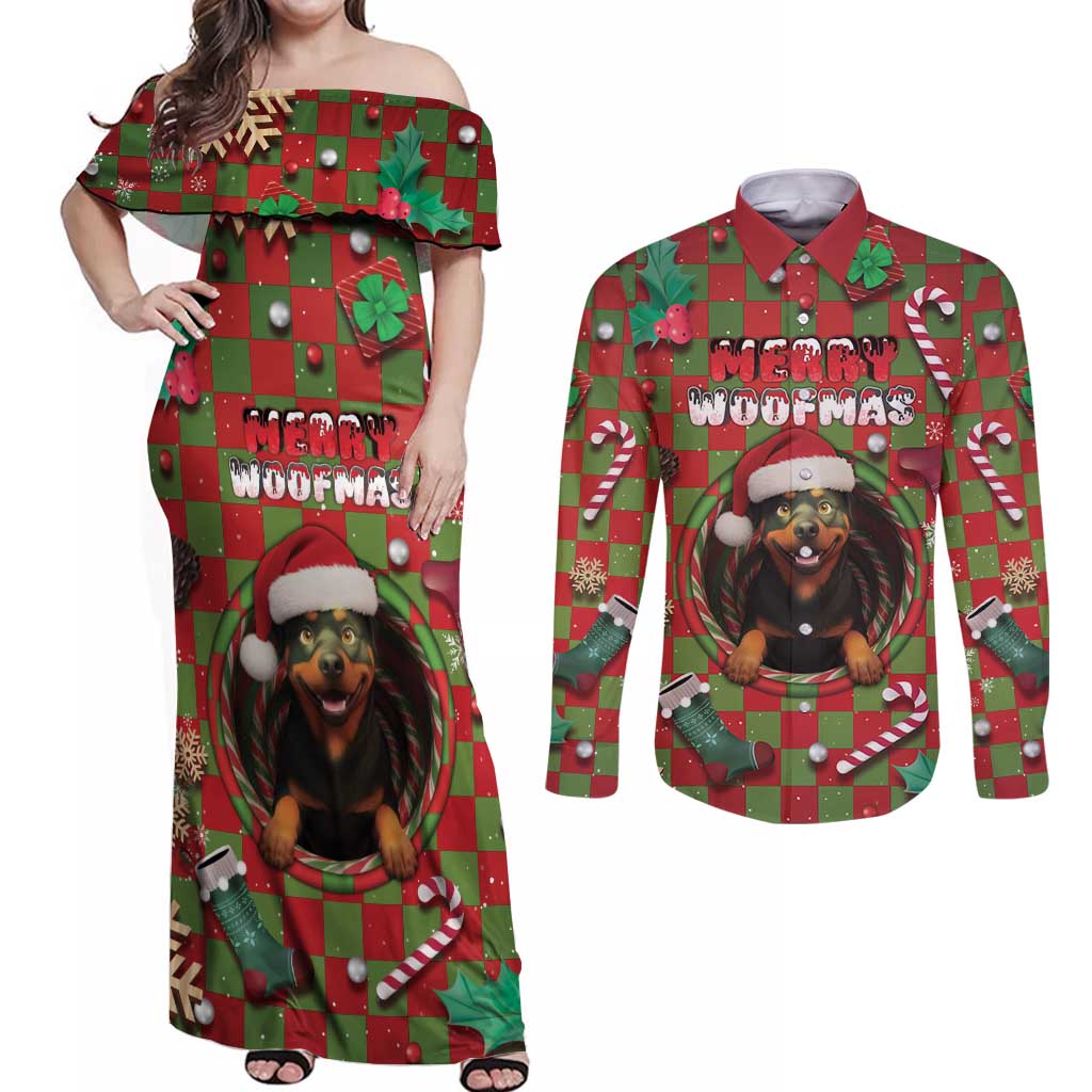 Rottweiler Christmas Couples Matching Off Shoulder Maxi Dress and Long Sleeve Button Shirt Merry Woofmas - Wonder Print Shop
