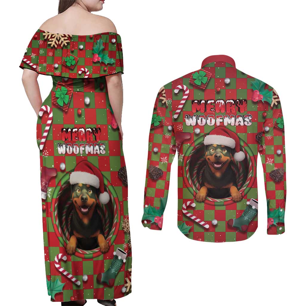 Rottweiler Christmas Couples Matching Off Shoulder Maxi Dress and Long Sleeve Button Shirt Merry Woofmas - Wonder Print Shop