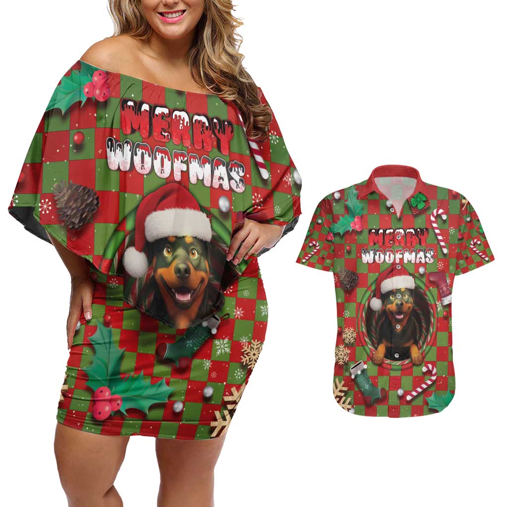 Rottweiler Christmas Couples Matching Off Shoulder Short Dress and Hawaiian Shirt Merry Woofmas - Wonder Print Shop