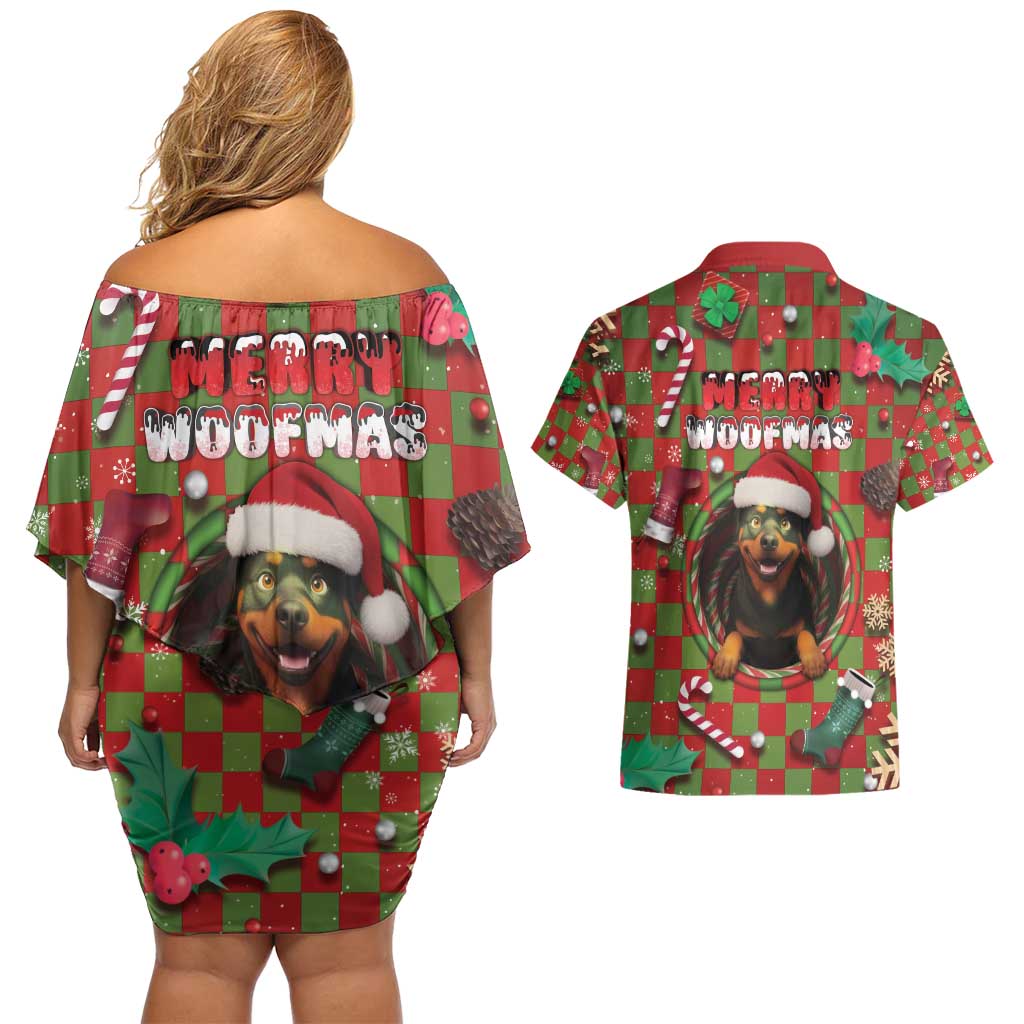 Rottweiler Christmas Couples Matching Off Shoulder Short Dress and Hawaiian Shirt Merry Woofmas - Wonder Print Shop