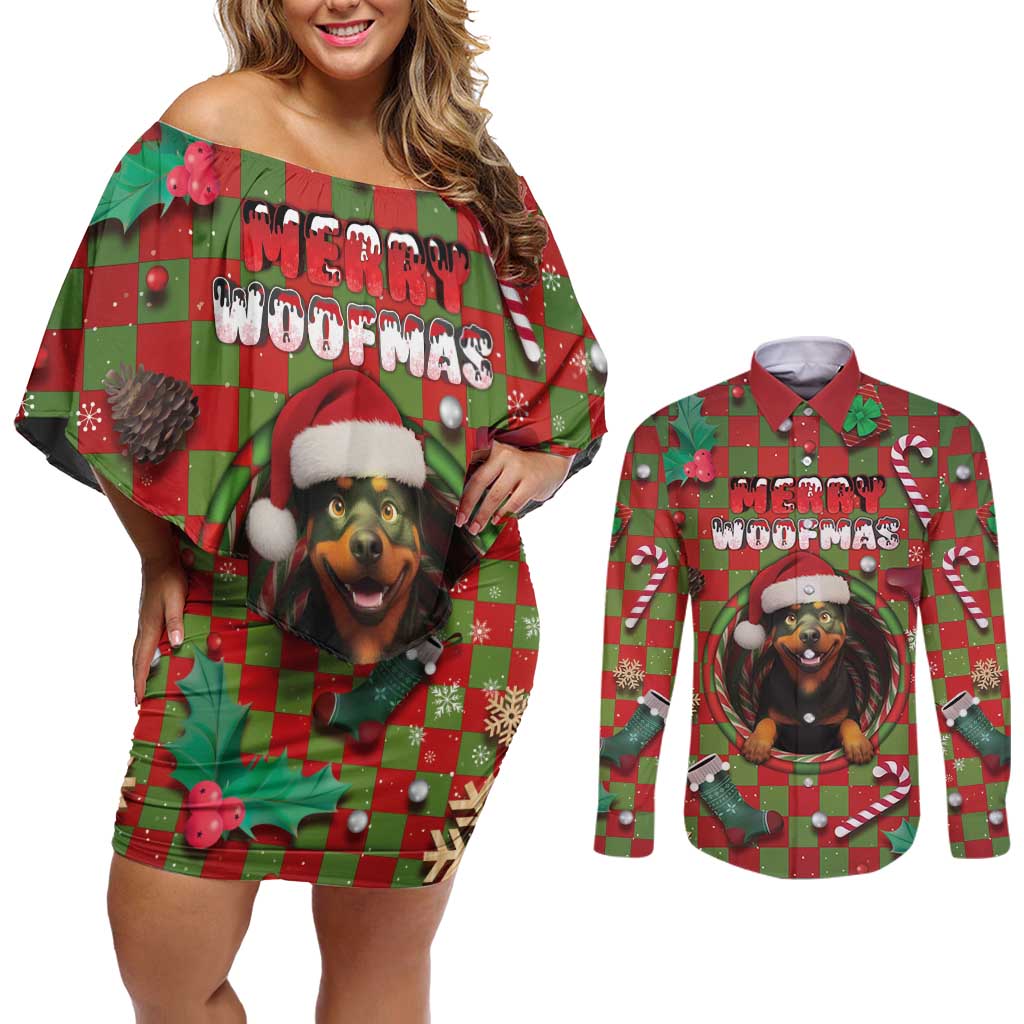 Rottweiler Christmas Couples Matching Off Shoulder Short Dress and Long Sleeve Button Shirt Merry Woofmas - Wonder Print Shop
