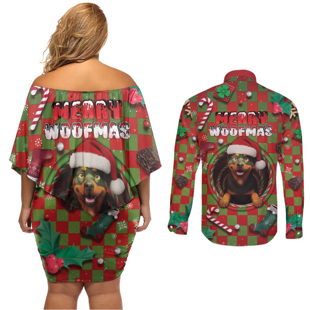 Rottweiler Christmas Couples Matching Off Shoulder Short Dress and Long Sleeve Button Shirt Merry Woofmas - Wonder Print Shop