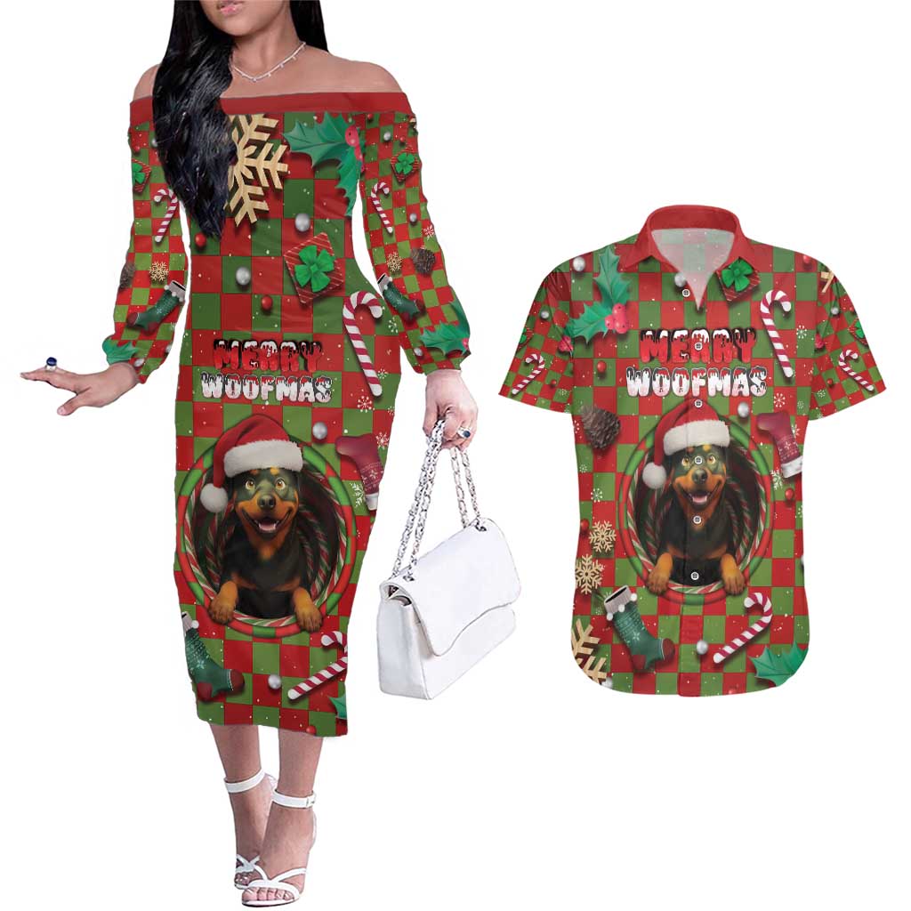 Rottweiler Christmas Couples Matching Off The Shoulder Long Sleeve Dress and Hawaiian Shirt Merry Woofmas - Wonder Print Shop