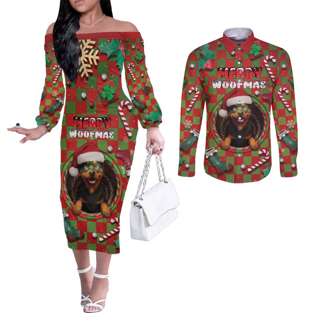 Rottweiler Christmas Couples Matching Off The Shoulder Long Sleeve Dress and Long Sleeve Button Shirt Merry Woofmas - Wonder Print Shop