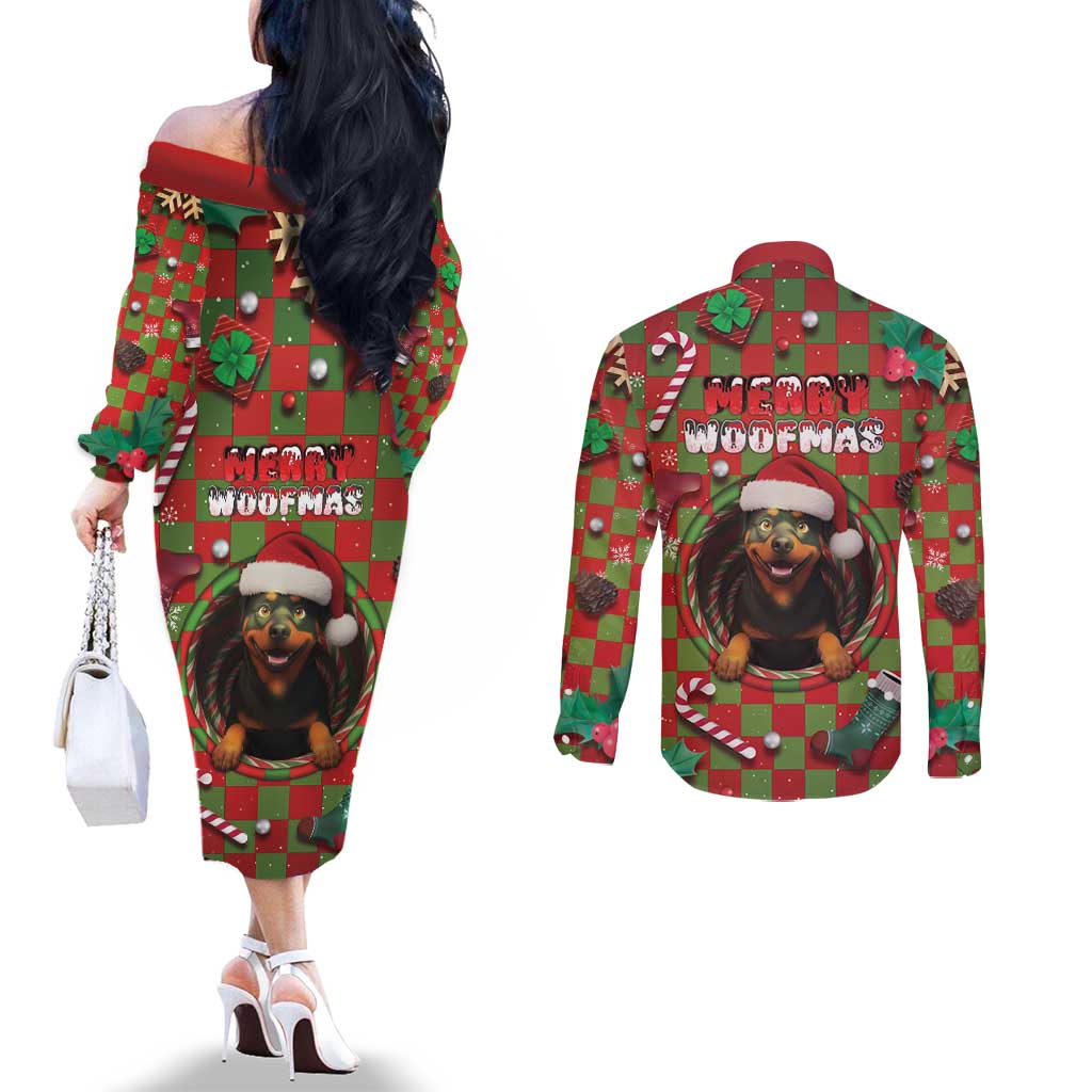 Rottweiler Christmas Couples Matching Off The Shoulder Long Sleeve Dress and Long Sleeve Button Shirt Merry Woofmas - Wonder Print Shop