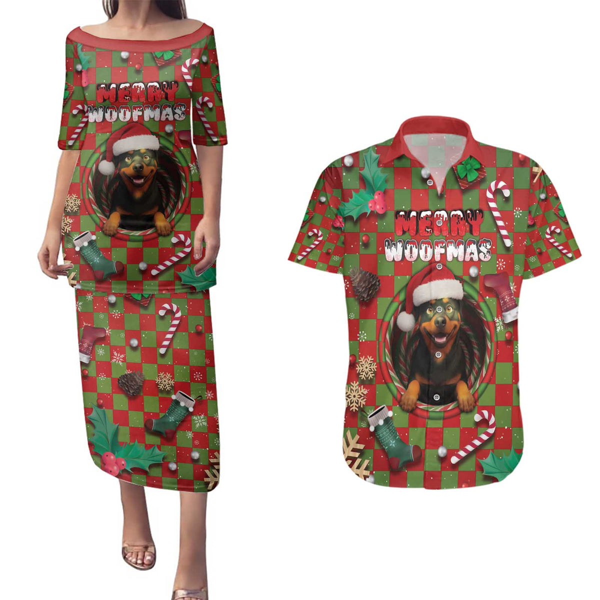 Rottweiler Christmas Couples Matching Puletasi and Hawaiian Shirt Merry Woofmas - Wonder Print Shop