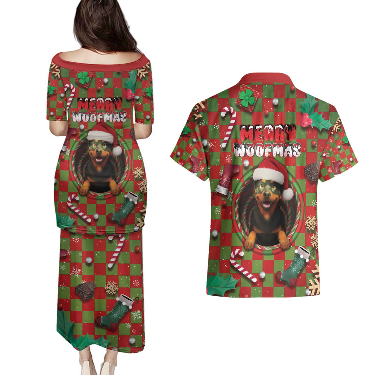 Rottweiler Christmas Couples Matching Puletasi and Hawaiian Shirt Merry Woofmas - Wonder Print Shop