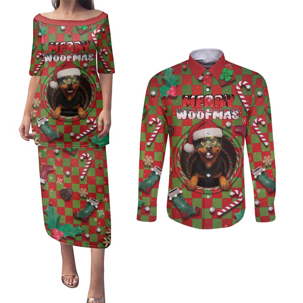 Rottweiler Christmas Couples Matching Puletasi and Long Sleeve Button Shirt Merry Woofmas - Wonder Print Shop