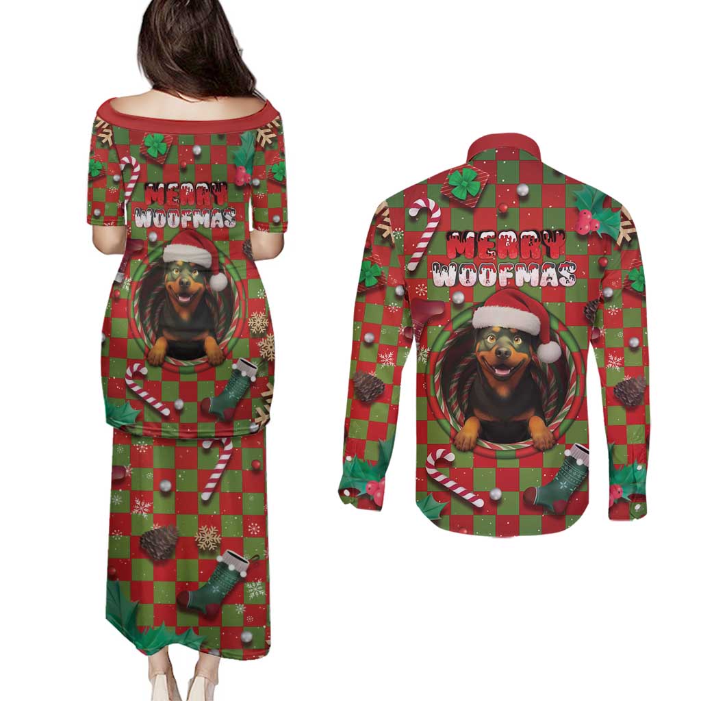 Rottweiler Christmas Couples Matching Puletasi and Long Sleeve Button Shirt Merry Woofmas - Wonder Print Shop