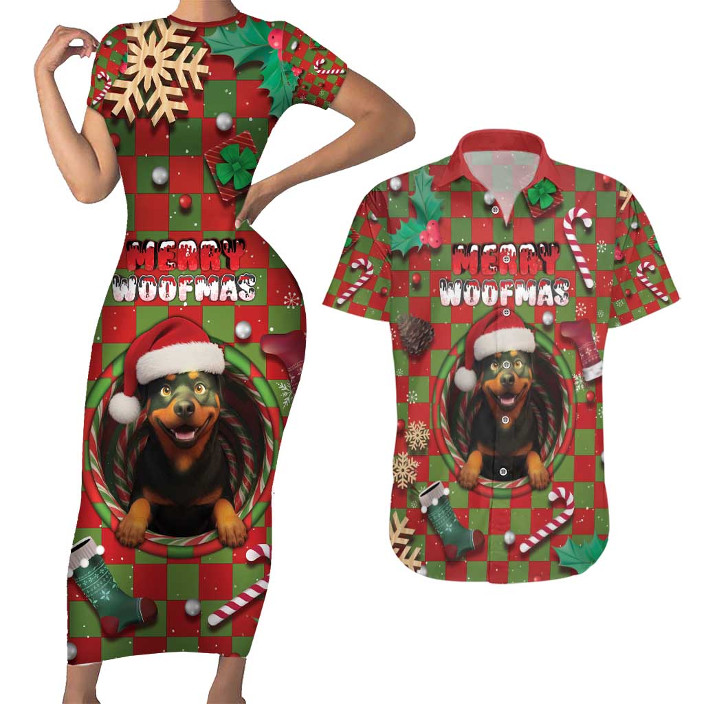Rottweiler Christmas Couples Matching Short Sleeve Bodycon Dress and Hawaiian Shirt Merry Woofmas - Wonder Print Shop