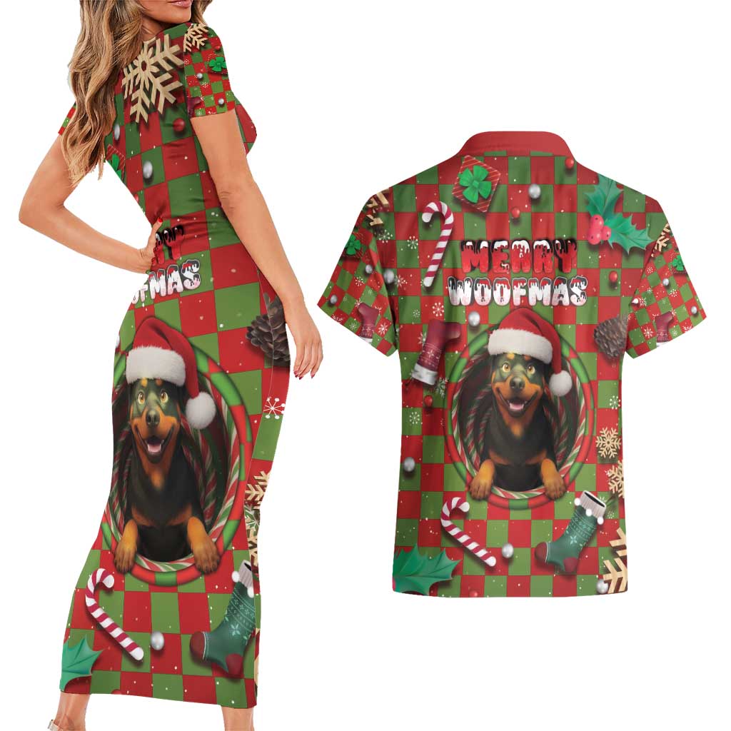 Rottweiler Christmas Couples Matching Short Sleeve Bodycon Dress and Hawaiian Shirt Merry Woofmas - Wonder Print Shop