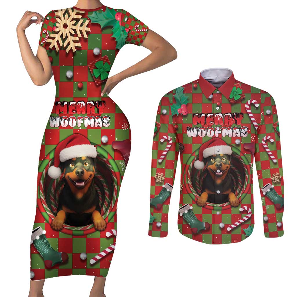 Rottweiler Christmas Couples Matching Short Sleeve Bodycon Dress and Long Sleeve Button Shirt Merry Woofmas - Wonder Print Shop