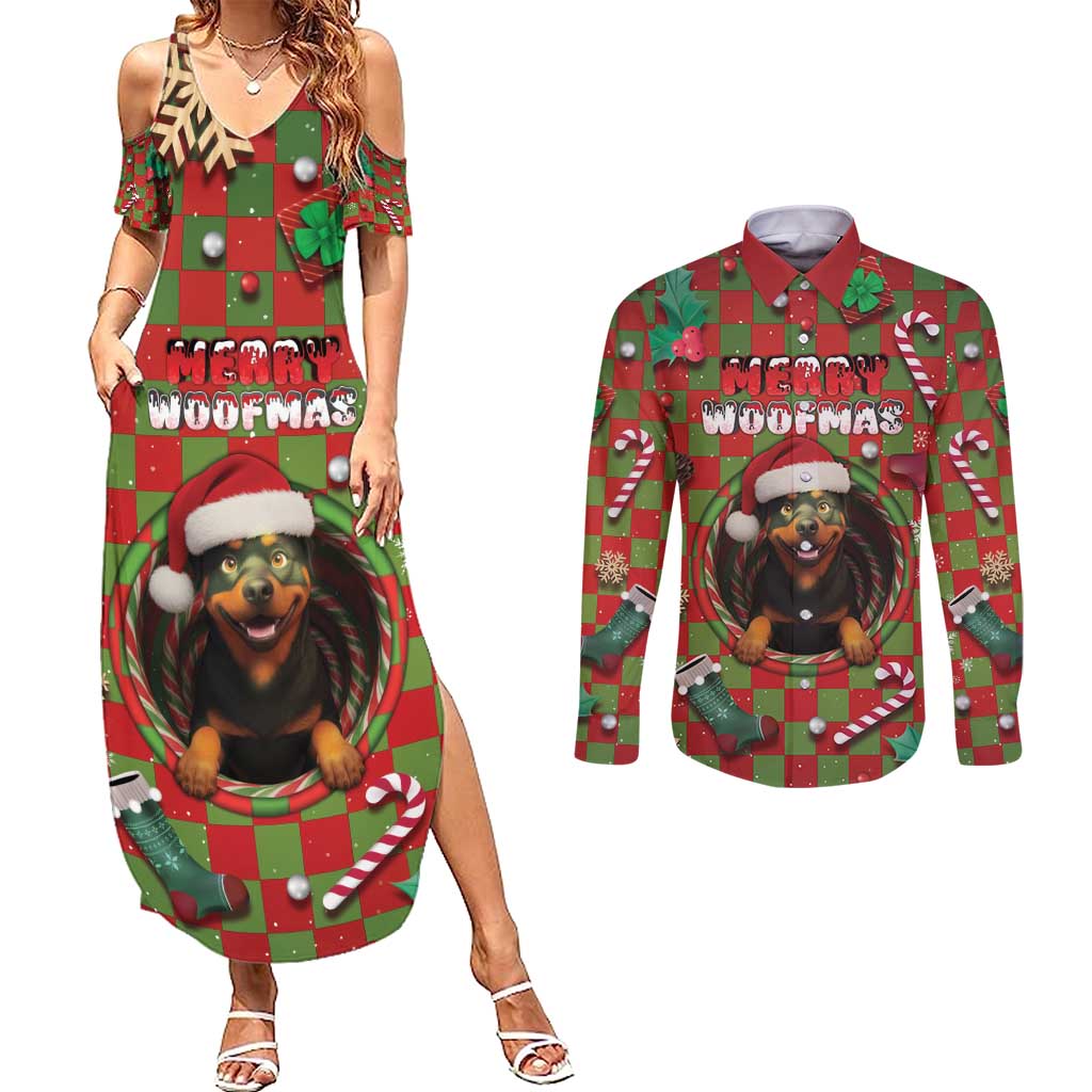 Rottweiler Christmas Couples Matching Summer Maxi Dress and Long Sleeve Button Shirt Merry Woofmas - Wonder Print Shop