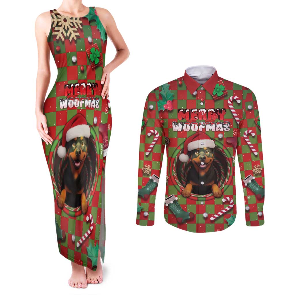Rottweiler Christmas Couples Matching Tank Maxi Dress and Long Sleeve Button Shirt Merry Woofmas - Wonder Print Shop