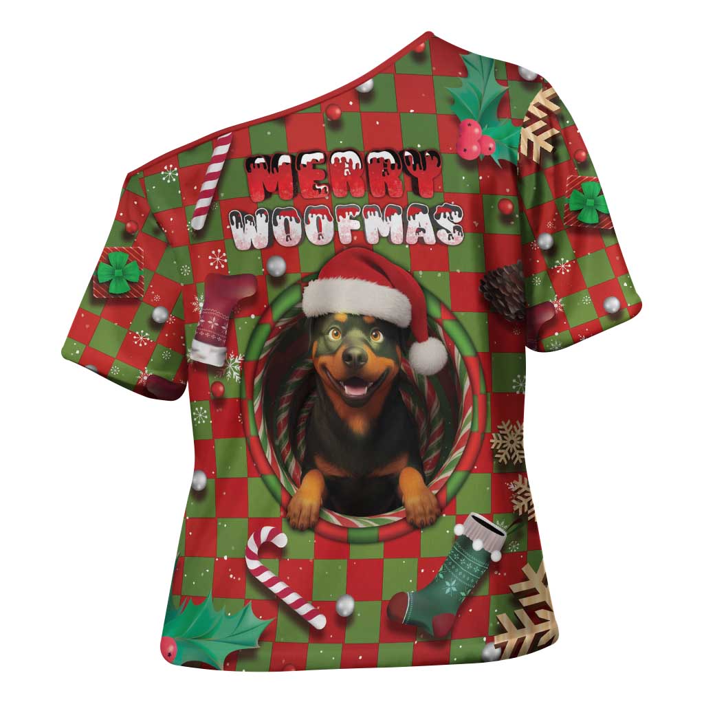 Rottweiler Christmas Cross Shoulder Shirt Merry Woofmas - Wonder Print Shop