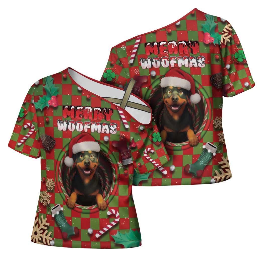 Rottweiler Christmas Cross Shoulder Shirt Merry Woofmas - Wonder Print Shop
