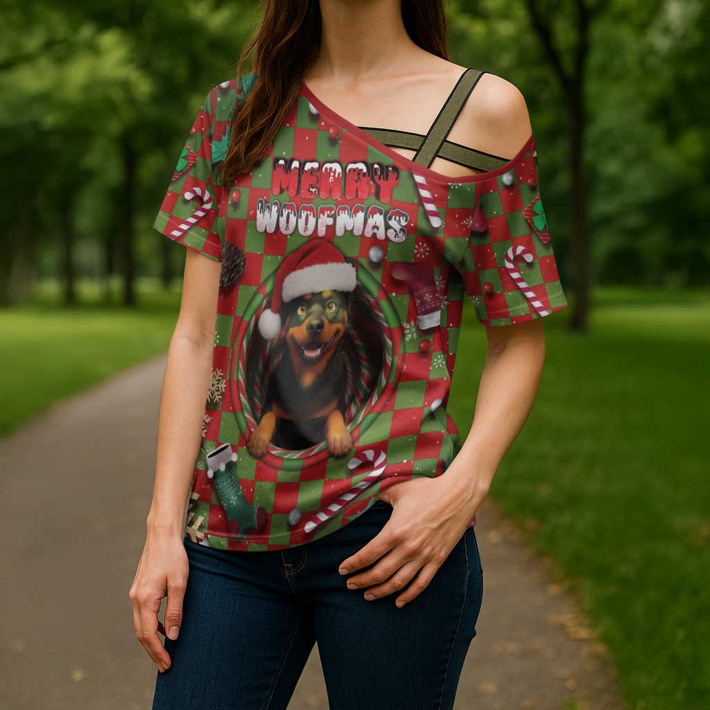 Rottweiler Christmas Cross Shoulder Shirt Merry Woofmas - Wonder Print Shop