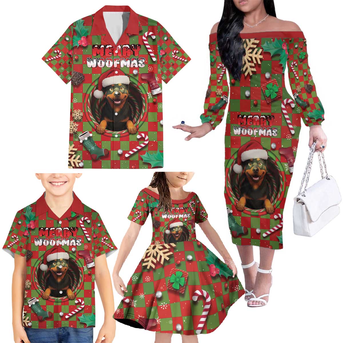 Rottweiler Christmas Family Matching Off The Shoulder Long Sleeve Dress and Hawaiian Shirt Merry Woofmas - Wonder Print Shop