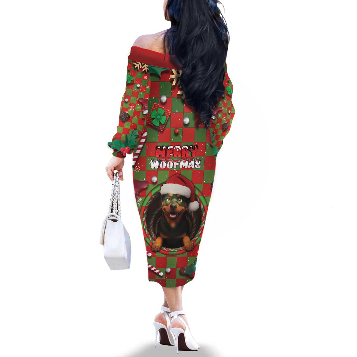 Rottweiler Christmas Family Matching Off The Shoulder Long Sleeve Dress and Hawaiian Shirt Merry Woofmas - Wonder Print Shop
