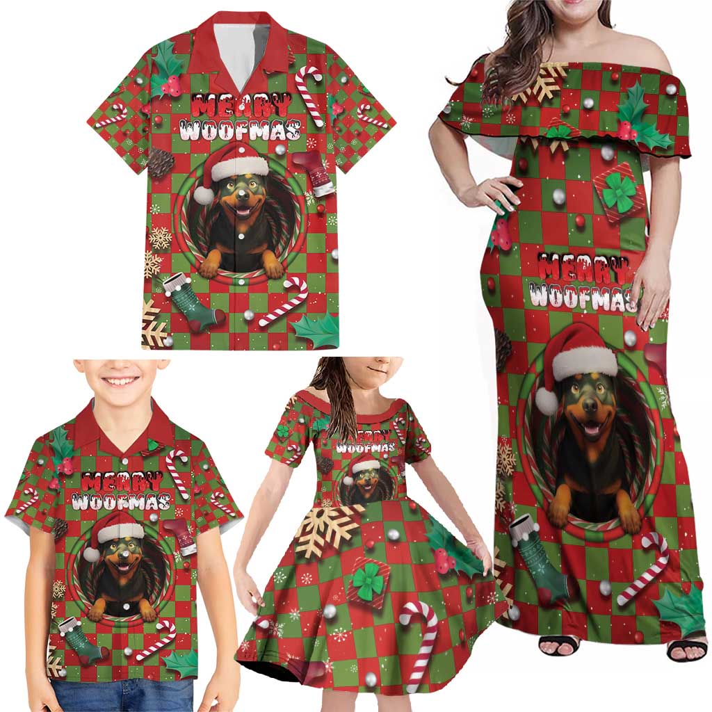 Rottweiler Christmas Family Matching Off Shoulder Maxi Dress and Hawaiian Shirt Merry Woofmas - Wonder Print Shop