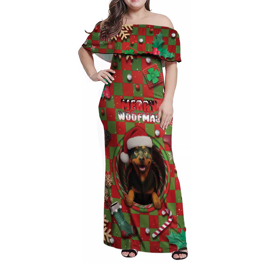 Rottweiler Christmas Family Matching Off Shoulder Maxi Dress and Hawaiian Shirt Merry Woofmas - Wonder Print Shop