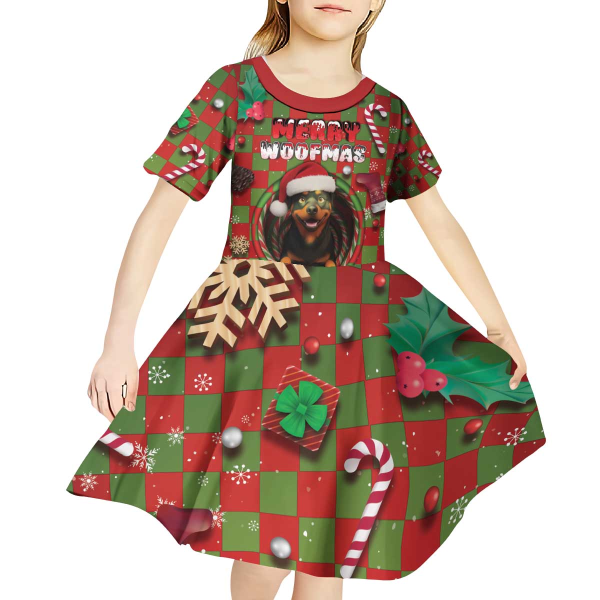 Rottweiler Christmas Kid Short Sleeve Dress Merry Woofmas - Wonder Print Shop