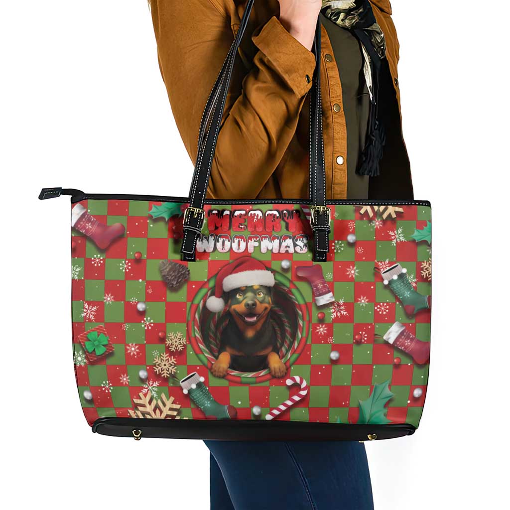 Rottweiler Christmas Leather Tote Bag Merry Woofmas - Wonder Print Shop