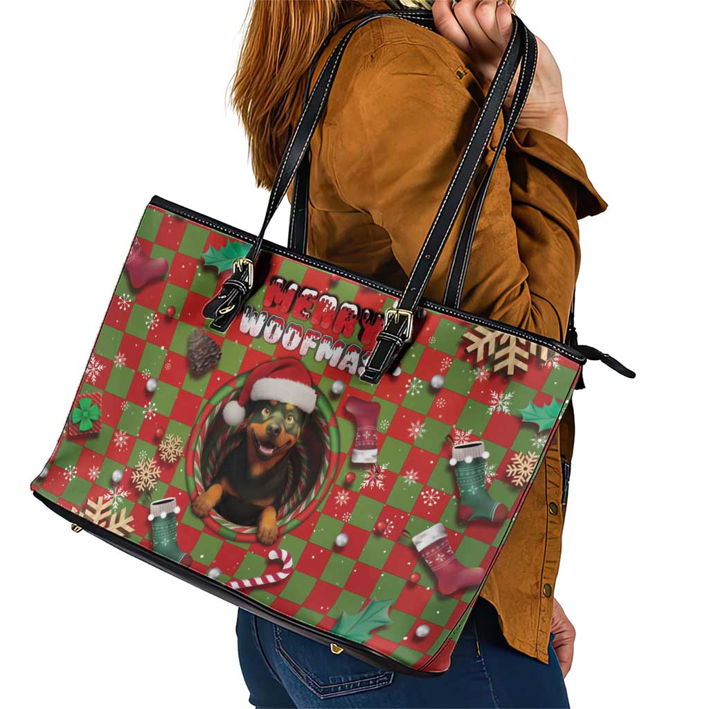 Rottweiler Christmas Leather Tote Bag Merry Woofmas - Wonder Print Shop