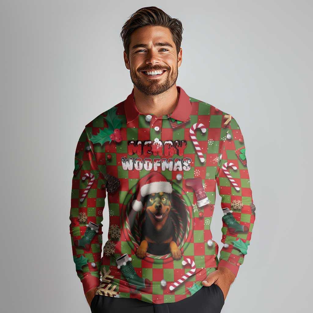 Rottweiler Christmas Long Sleeve Polo Shirt Merry Woofmas - Wonder Print Shop