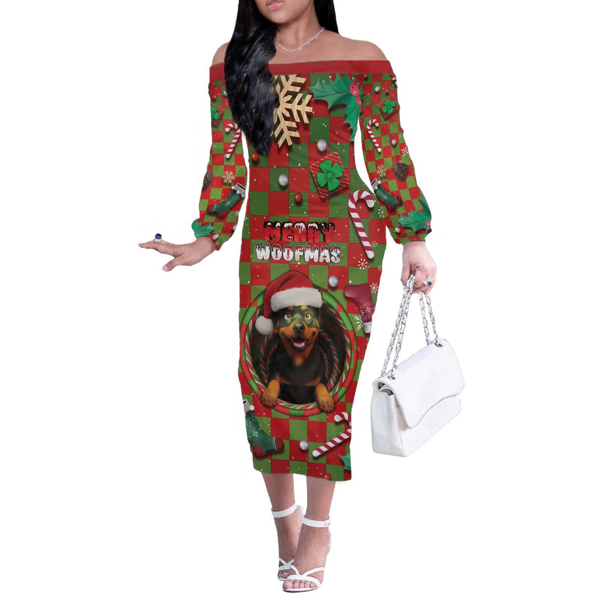 Rottweiler Christmas Off The Shoulder Long Sleeve Dress Merry Woofmas - Wonder Print Shop