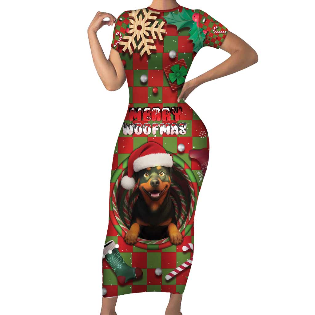 Rottweiler Christmas Short Sleeve Bodycon Dress Merry Woofmas - Wonder Print Shop
