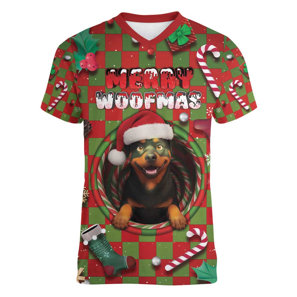 Rottweiler Christmas Women V-Neck T-Shirt Merry Woofmas - Wonder Print Shop