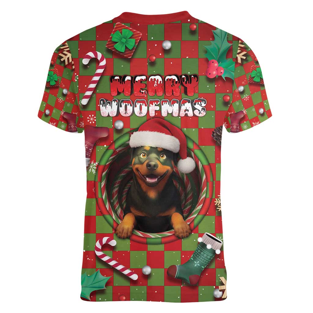 Rottweiler Christmas Women V-Neck T-Shirt Merry Woofmas - Wonder Print Shop