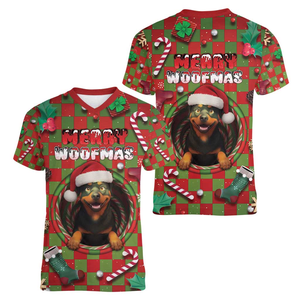 Rottweiler Christmas Women V-Neck T-Shirt Merry Woofmas - Wonder Print Shop