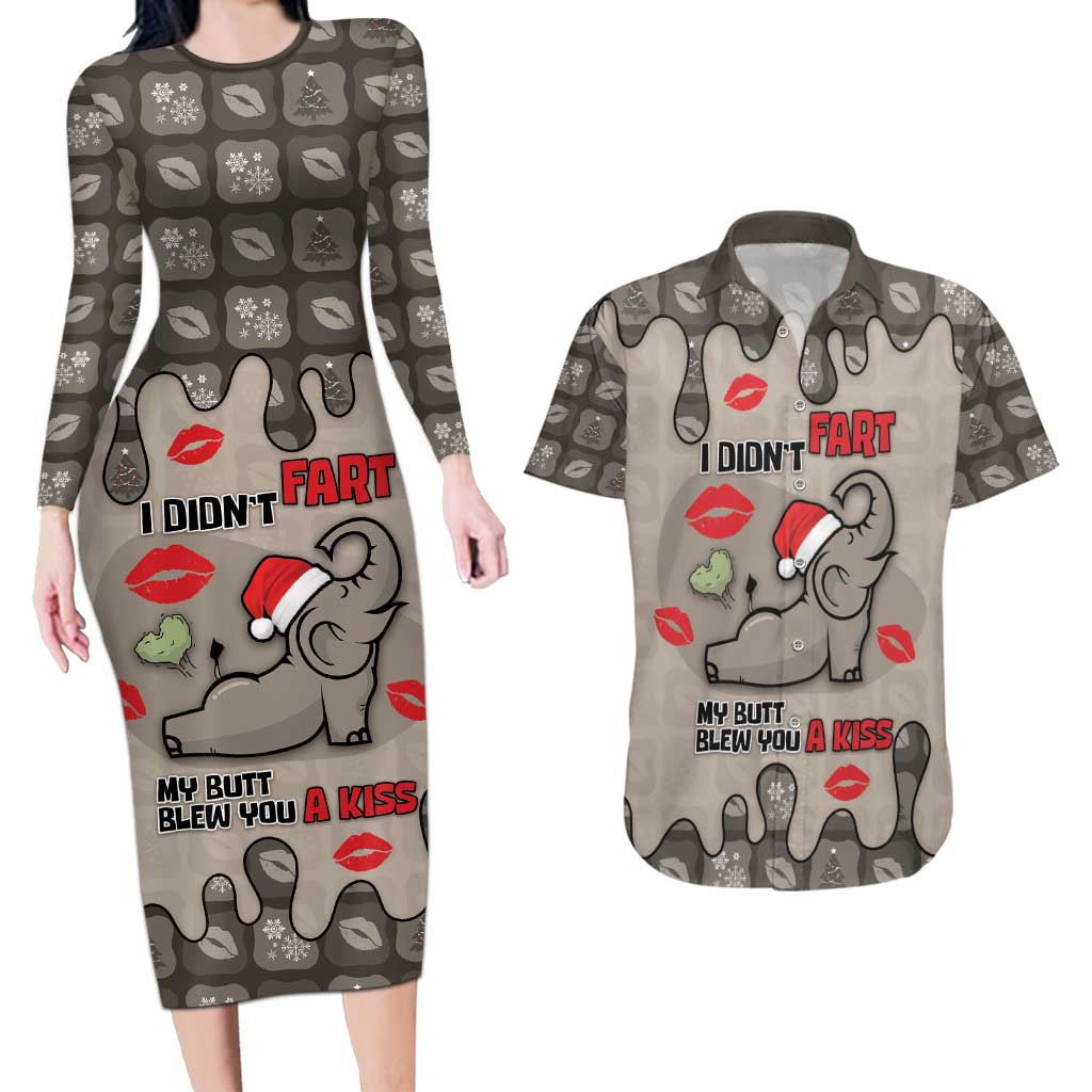 Elephant Christmas Couples Matching Long Sleeve Bodycon Dress and Hawaiian Shirt I Did Not Fart My Butt Blew You A Kiss - Wonder Print Shop