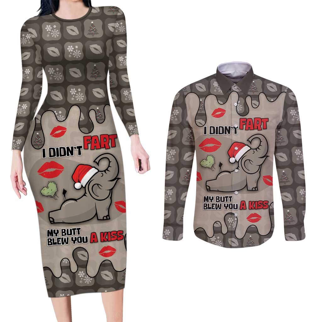 Elephant Christmas Couples Matching Long Sleeve Bodycon Dress and Long Sleeve Button Shirt I Did Not Fart My Butt Blew You A Kiss - Wonder Print Shop