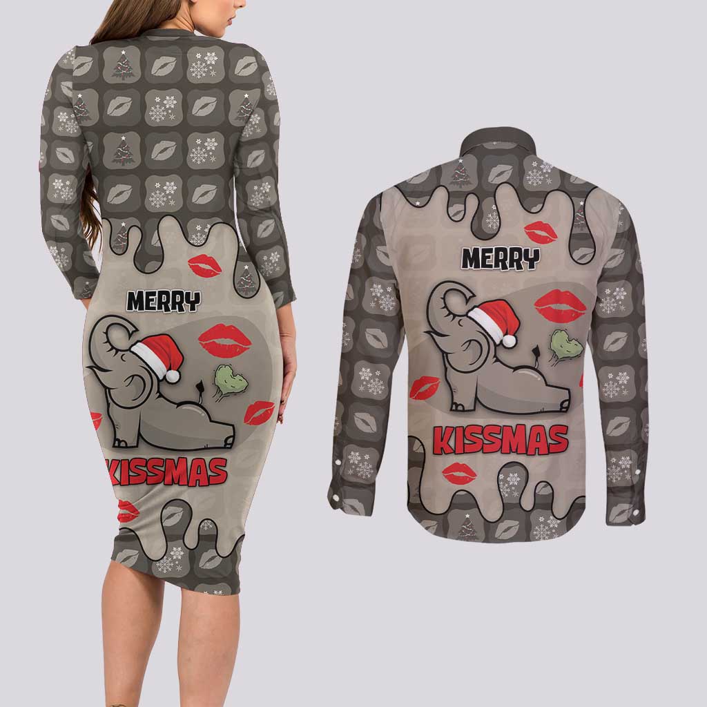 Elephant Christmas Couples Matching Long Sleeve Bodycon Dress and Long Sleeve Button Shirt I Did Not Fart My Butt Blew You A Kiss - Wonder Print Shop