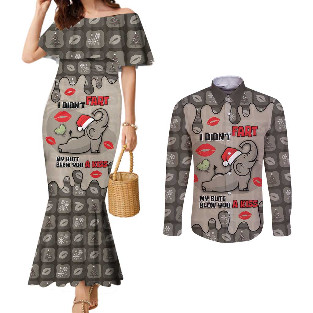 Elephant Christmas Couples Matching Mermaid Dress and Long Sleeve Button Shirt I Did Not Fart My Butt Blew You A Kiss - Wonder Print Shop