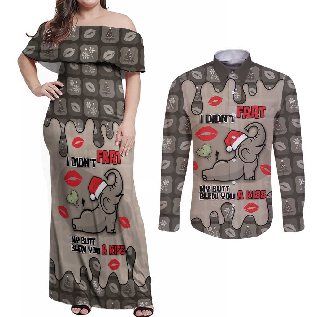 Elephant Christmas Couples Matching Off Shoulder Maxi Dress and Long Sleeve Button Shirt I Did Not Fart My Butt Blew You A Kiss - Wonder Print Shop