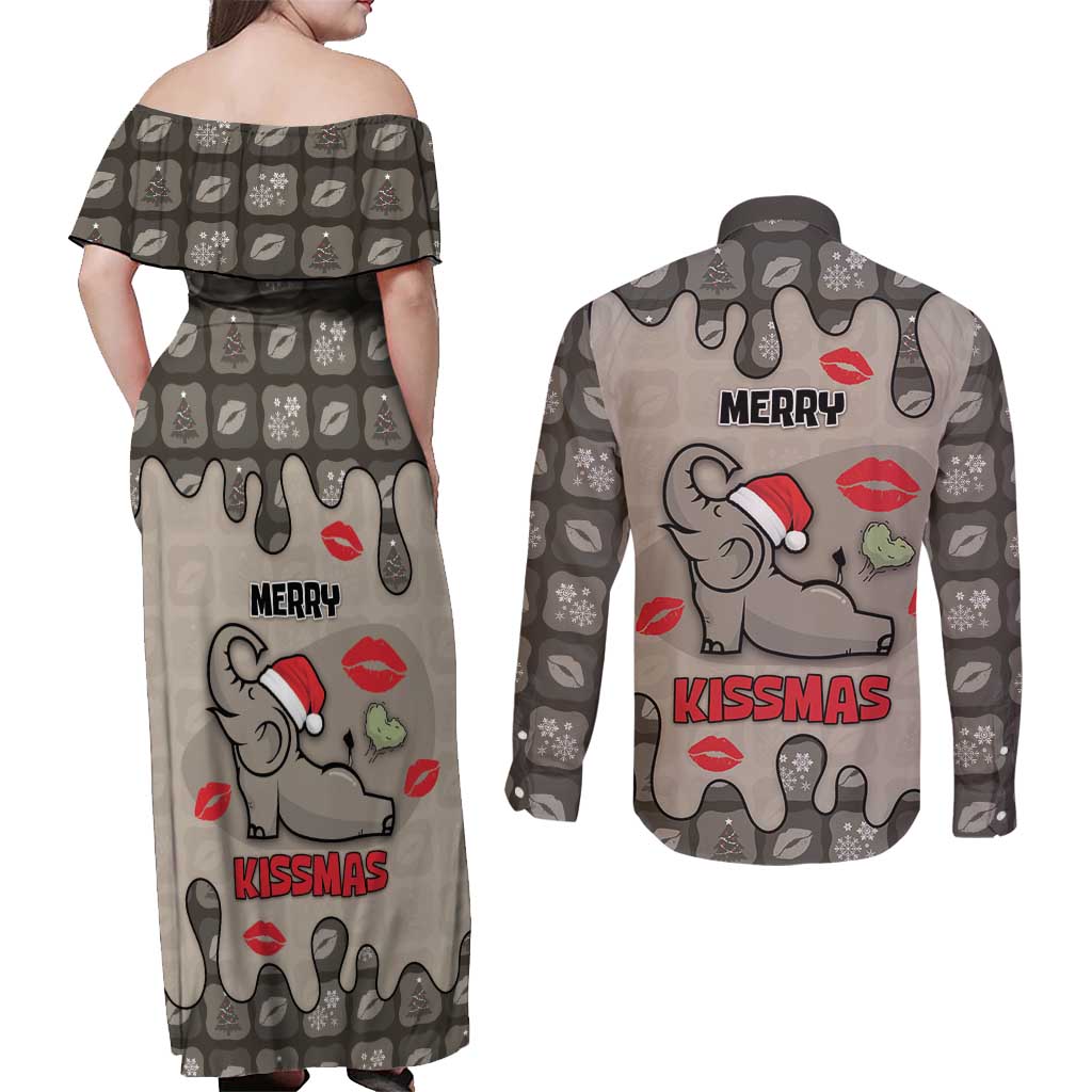 Elephant Christmas Couples Matching Off Shoulder Maxi Dress and Long Sleeve Button Shirt I Did Not Fart My Butt Blew You A Kiss - Wonder Print Shop
