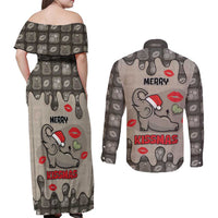 Elephant Christmas Couples Matching Off Shoulder Maxi Dress and Long Sleeve Button Shirt I Did Not Fart My Butt Blew You A Kiss - Wonder Print Shop