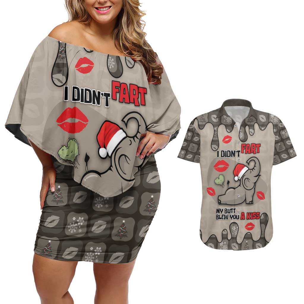 Elephant Christmas Couples Matching Off Shoulder Short Dress and Hawaiian Shirt I Did Not Fart My Butt Blew You A Kiss - Wonder Print Shop